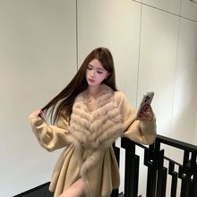 嗲精小奶狐 真狐狸毛皮草翻领针织毛衣开衫外套大衣2025秋冬新款