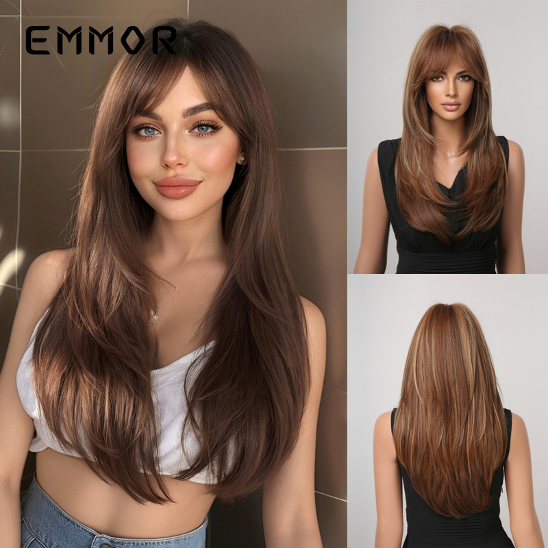 European and American Hot Selling Wig Women's Eight-character Bangs Fluffy wine red Long Hair Micro-curls Natural Fashion Chemical Fiber Wig Headgear