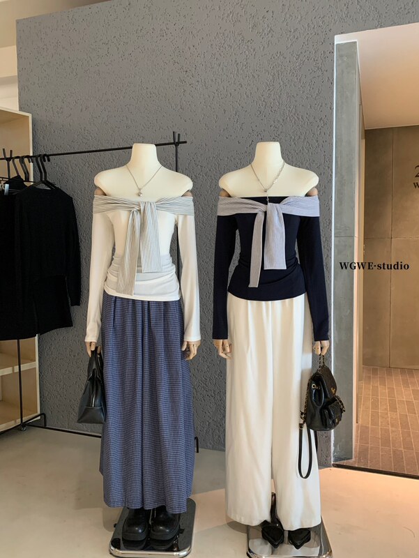 WGWE7006广州十三行女装2025秋装新款拼接一字肩长袖T恤显瘦上衣|undefined