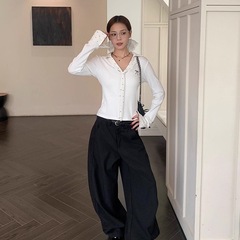 白色波点拼接polo领内搭打底衫女秋季修身短款长袖t恤上衣