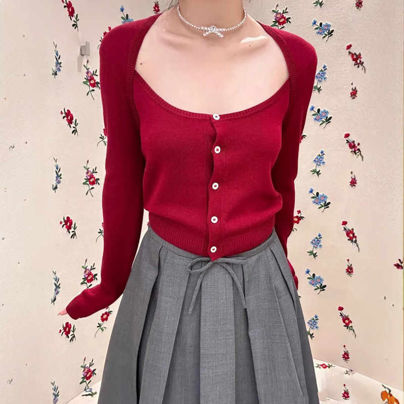[Special Offer, No Returns or Exchanges] New Year Red Fake Two-Piece Square-Neck Knitted Cardigan