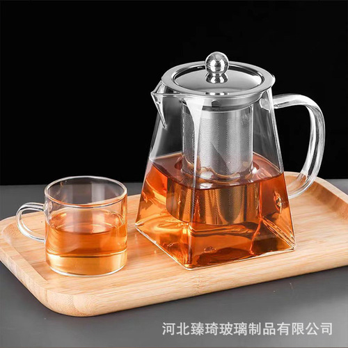 Square glass teapot, high borosilicate fair teapot, stainless steel teapot wholesale with filter, high temperature glass flower teapot