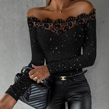 欧美跨境2025年秋冬新款优雅定项女士蕾丝拼接一字领露肩长袖T恤