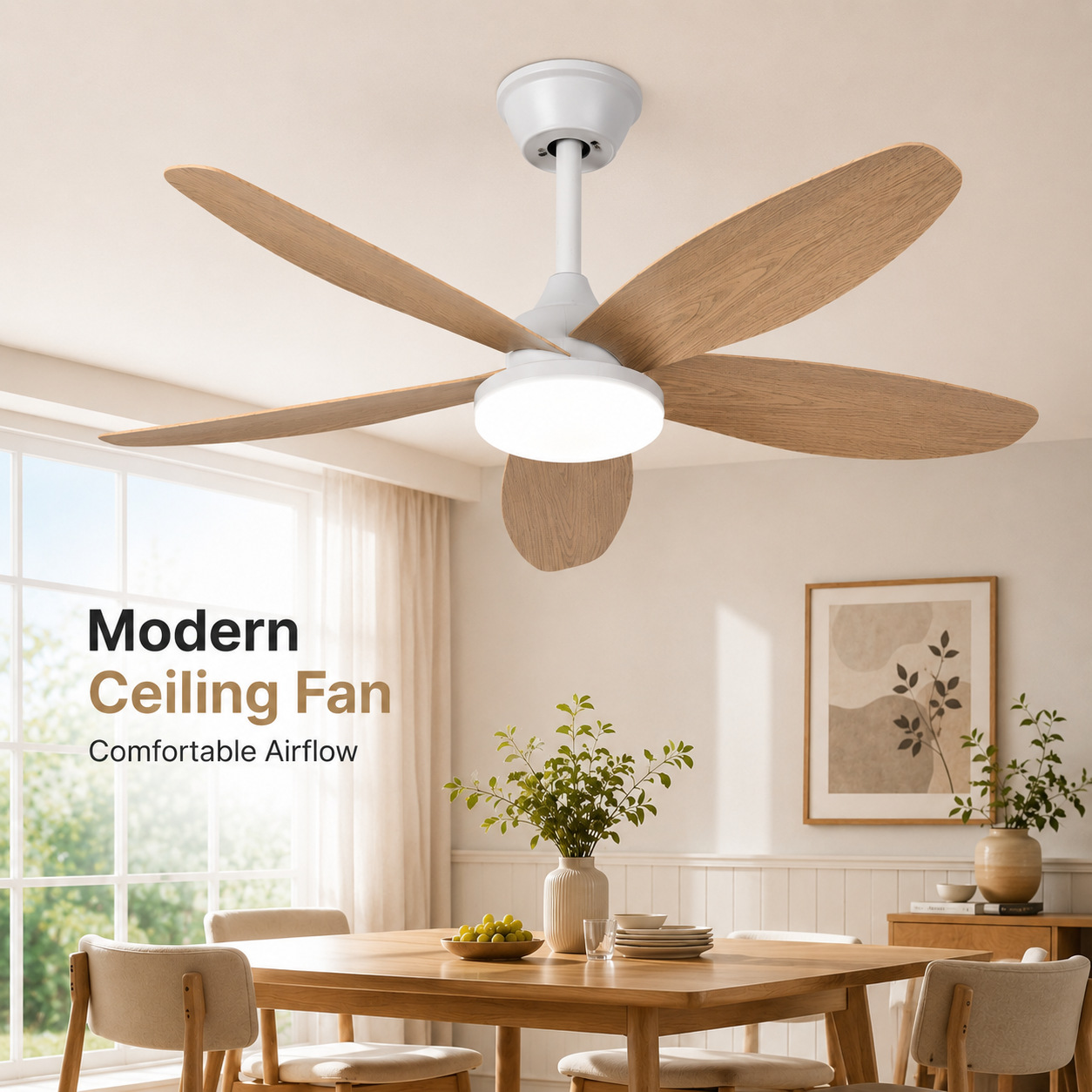 Ventilador de Techo con Luz de ABS y PC, con Control Remoto, Motor DC, para Sala de Estar y Comedor