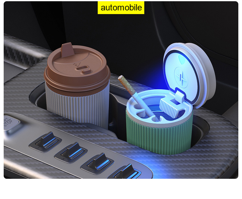 Car Ashtray with Light, One-Click Opening Lid, Luminous Alloy Liner Ashtray, Coffee Cup Beverage Led