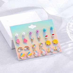 Cross-border e-commerce ear studs jewelry children's earrings butterfly ear clip Rainbow earrings alloy drop oil ear studs suit