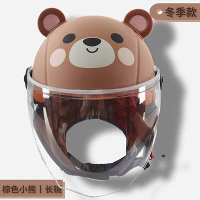 Electric car children's helmet autumn and winter warm brown bear ears cute cartoon boys and girls plus velvet scarf four seasons (Motorcycle Safety Supplies) - brown-bear-transparent-long-mirror