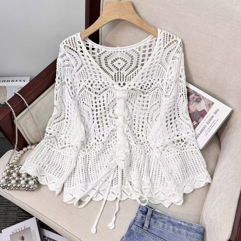 Summer Design Niche Cut Out Short Drawstring V Neck Crochet Knitwear Sun Protection Clothing Long-Sleeved Blouse Top for Women Summer Design Niche Cut Out Short Drawstring V Neck Crochet Knitwear Sun Protection Clothing Long-Sleeved Blouse Top for Women