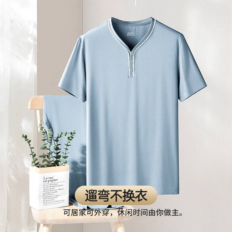 [Raroso y bueno] 80 pijamas modales de doble cara para hombre de primavera y verano Traje casual de pantalones finos de manga corta