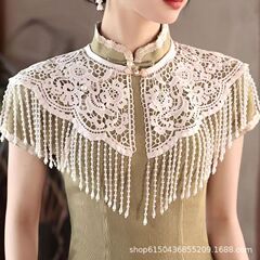 2025新中国式真珠流蘇雲肩にチャイナドレスのチャイナドレスの敬酒服の花嫁スタイルの国風修身レースのマント