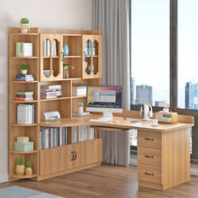 实木转角书桌家用学生卧室拐角学习桌书架组合电脑台式桌书柜一体