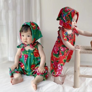 Baby Summer Male and Female Baby Super Cute and Fashionable Newborn Short-Sleeved Jumpsuit Thin Northeast Large Flower Sling