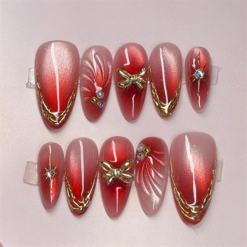 30 Pieces of Cross-Border Hot-Selling 3D Stereo Short Almond-Shaped Gold-Plated Sweet Cat-Eye Bowknot Press-On Nails Wholesale 30 Pieces of Cross-Border Hot-Selling 3D Stereo Short Almond-Shaped Gold-Plated Sweet Cat-Eye Bowknot Press-On Nails Wholesale
