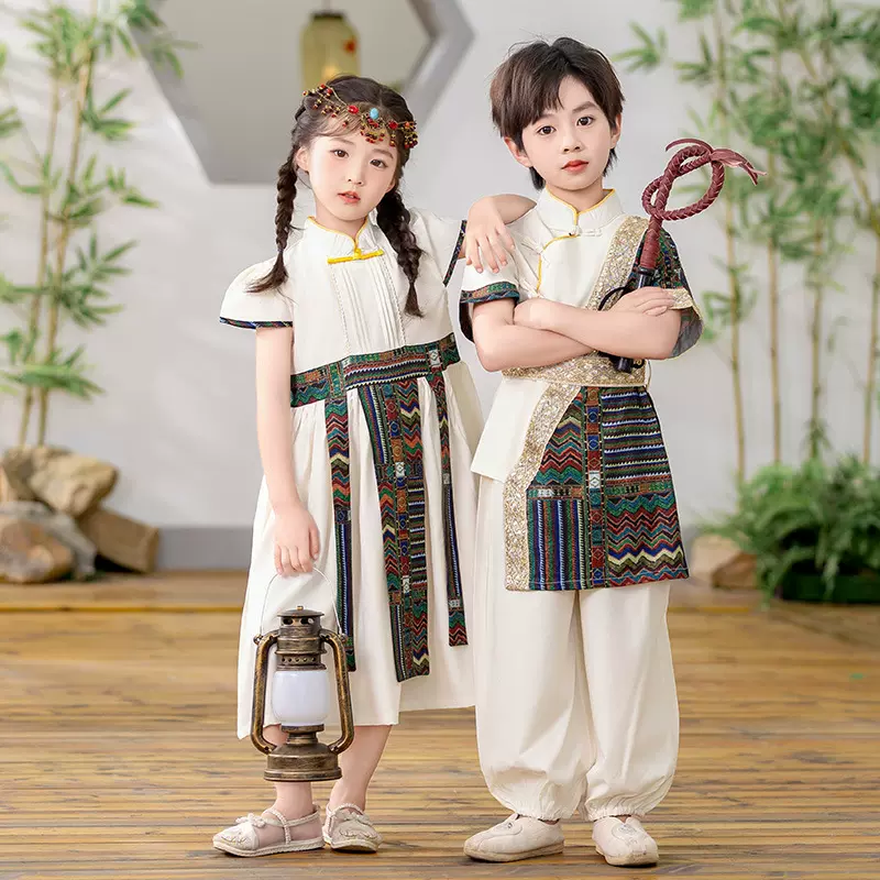 儿童少数民族服装女童男童苗族藏族壮族新疆维吾尔傣族蒙古演出服