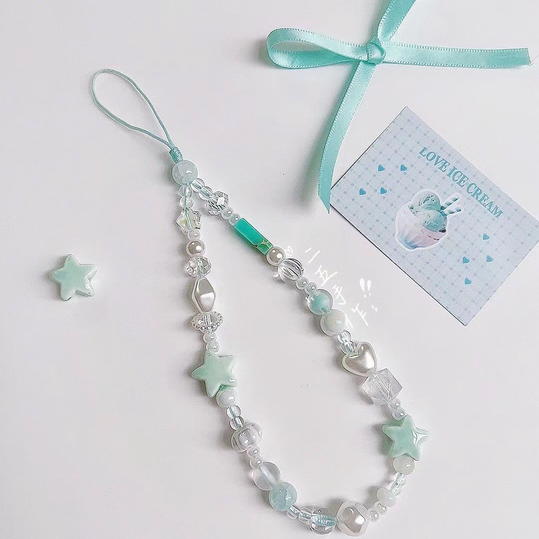 DIY Summer Mint Star Phone Strap, Beaded CCD Chain Camera Charm, Fresh and Trendy (Instagram Style)