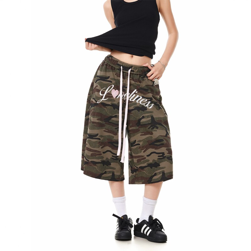 American Retro Creative Letter Embroidery Camouflage Cropped Pants Summer Street Casual Loose Wide-Leg Drawstring Shorts