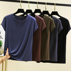 涼感モーデール半袖tシャツ女性の夏の丸首の純色の底の上着の大きいサイズの太ったMMはやせている内にスウェットシャツを掛けます。