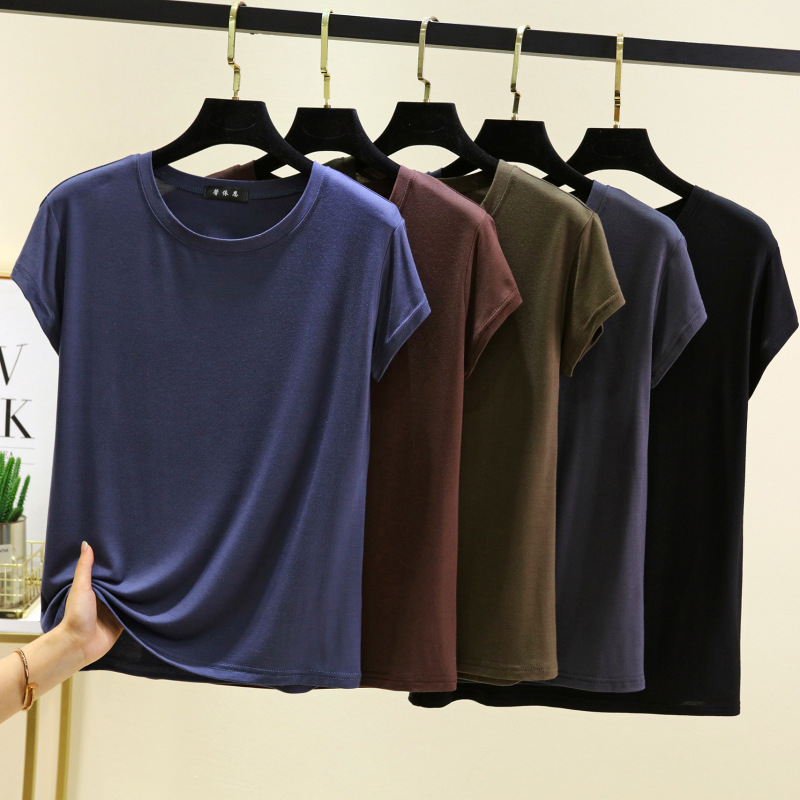 Cool Modal Short-sleeved T-shirt Women's Summer Round Neck Solid Color Base Top plus size chubby girl Slim-fit Undershirt