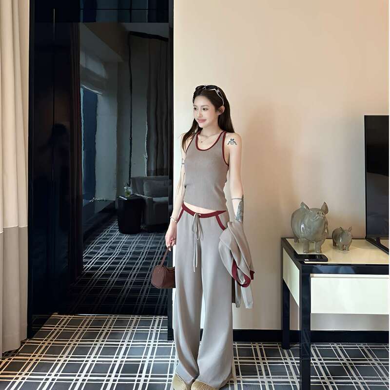 Korean Style Pure Lust Style Contrasting Color Knitted Vest Cardigan Casual Pants Pajamas Women's Autumn and Winter Lazy Three-Piece Set That Can Be Worn Outside