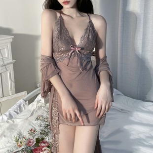 Nocturnal Sexy Lingerie Lace Nightgown Thin Nightgown Sling Nightgown Thong Three-Piece Suit