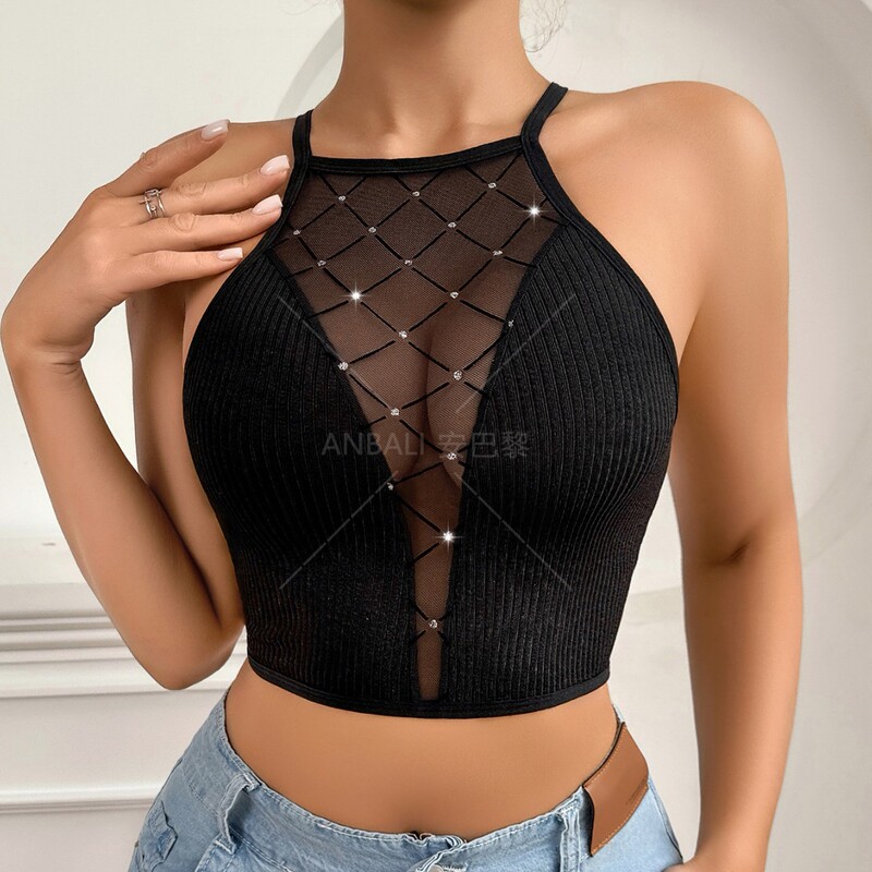 Cross-Border Lingerie Hot-Selling Sexy Deep V Starlight Mesh Patchwork Camisole Lingerie, Comfortable Ribbed Cross-Back Bra