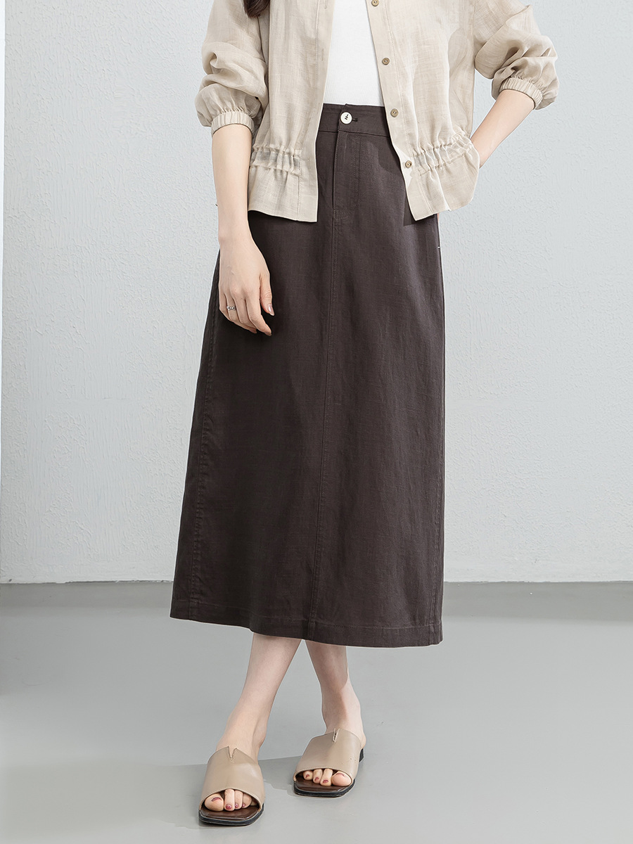 Chân váy chữ A dáng dài nữ chất liệu linen phối sợi tencel, thiết kế che khuyết điểm eo hông — màu xanh navy