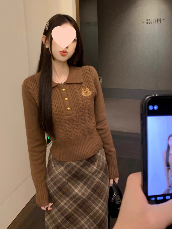 韩系学院风麻花毛衣女秋季2025新款气质正肩翻领套头短款针织上衣|undefined