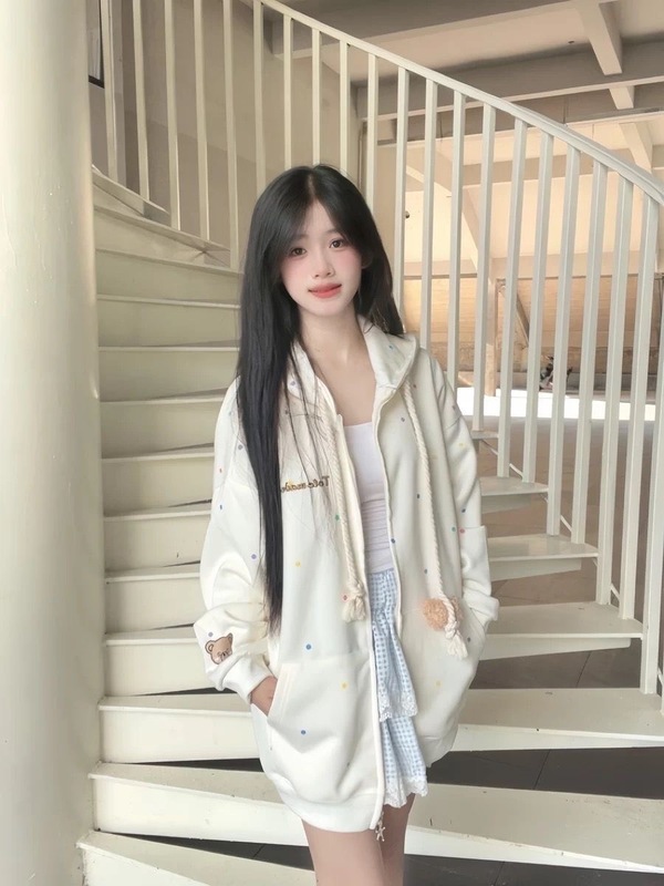 国潮のかわいい熊の波点のカーディガンの男女の秋冬の金のゆったりしている学院の風のファスナーのコート|undefined