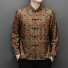 男士衬衫长袖唐装外套春秋款中年爸爸装中国风盘扣无痕桑蚕丝上衣