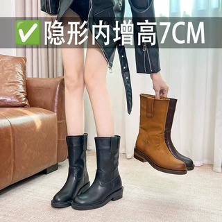隐形7cm内增高~复古擦色圆尖头质感堆堆中筒骑士靴女2026新款短靴