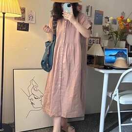 日系亚麻藕粉色连衣裙女夏季宽松慵懒风单排扣麻料中长款衬衫裙子