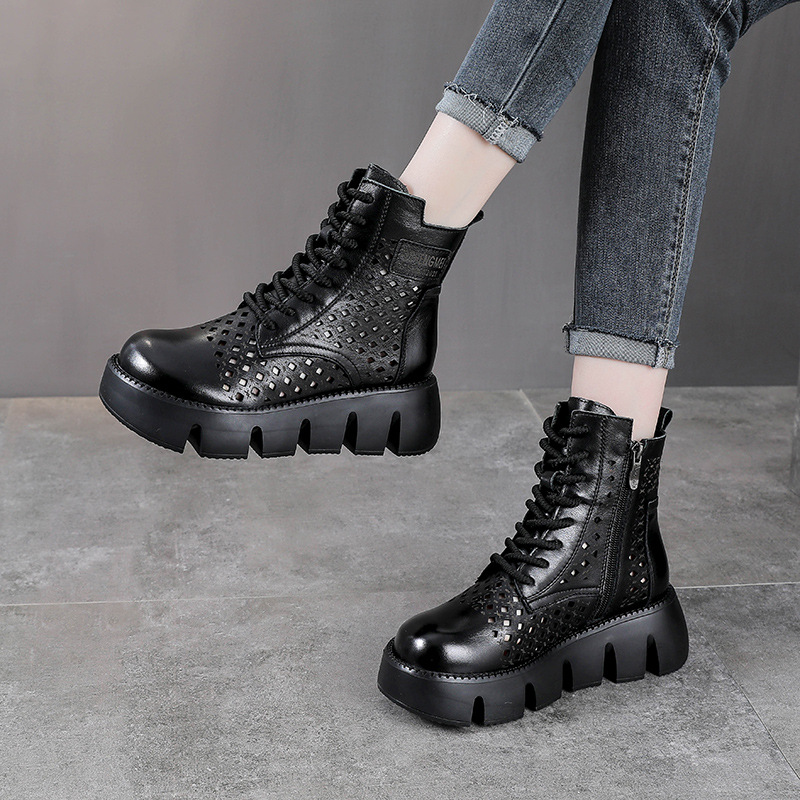 Giày boot nữ cổ cao da bò thật đế bánh xốp dày — Màu nâu