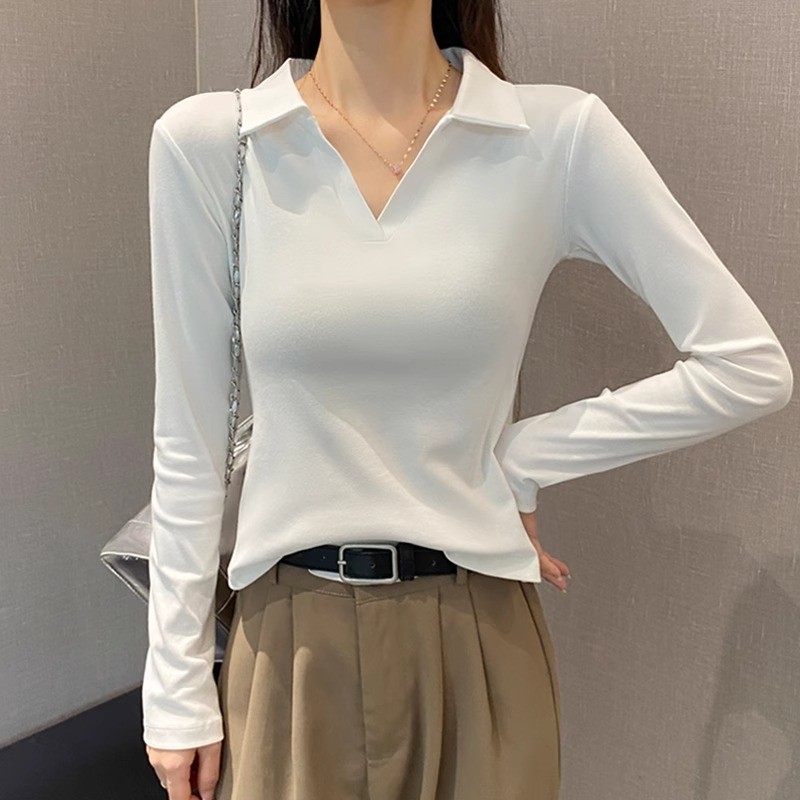 白色polo领长袖t恤打底衫女内搭春秋 2025新款可外穿翻领常规上衣