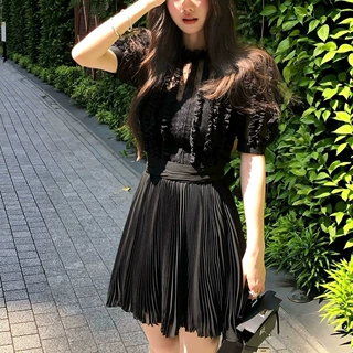 现货 私服秀款重工压褶蕾丝小个子黑色短袖收腰显瘦连衣裙夏女