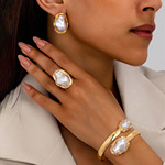 欧美跨境爆款异形复古仿珍珠戒指耳钉个性时尚设计新款首饰三件套