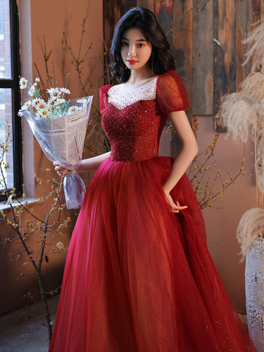 Wine Toast evening  dress the bride temperament marriage engagement dress heavy evening party singer host carnival cocktail banquet party long gown for female