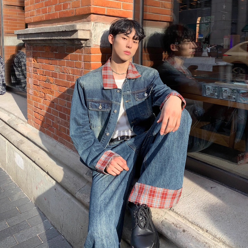 Korean Style Lazy Style Plaid Denim Jacket with Color Contrast Collar Design Men's Straight Tube Loose Jeans suit Men