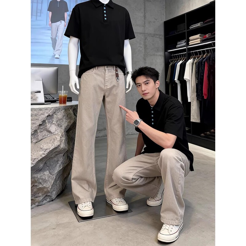Khaki Flared Pants for Men, Summer Thin Washed Cotton Straight-Leg Pants, American High Street Style, Soft Denim Pants Khaki Flared Pants for Men, Summer Thin Washed Cotton Straight-Leg Pants, American High Street Style, Soft Denim Pants