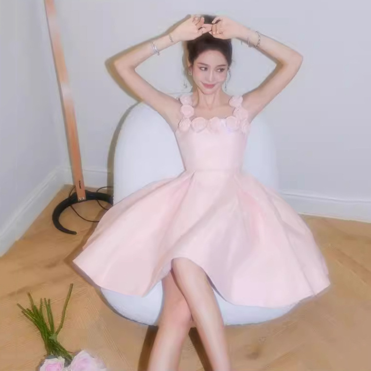 Pink Daily Wearable Small Dress Short 2025 New Autum Suspender Date Rose Dress Holiday Dress