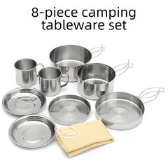 Outdoor Camping Stainless Steel Cookware Set 8-Piece Foldable Pot Set, Wilderness Picnic Plates Bowls Cups Tableware Set