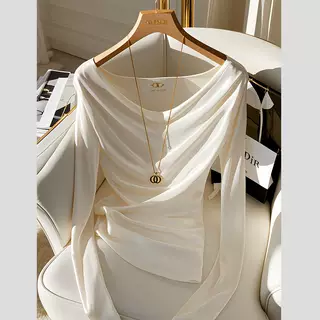 Women's Champagne Long-sleeved Satin Shirt Swing Collar Inner Wear Blouse - Champagne - View 1