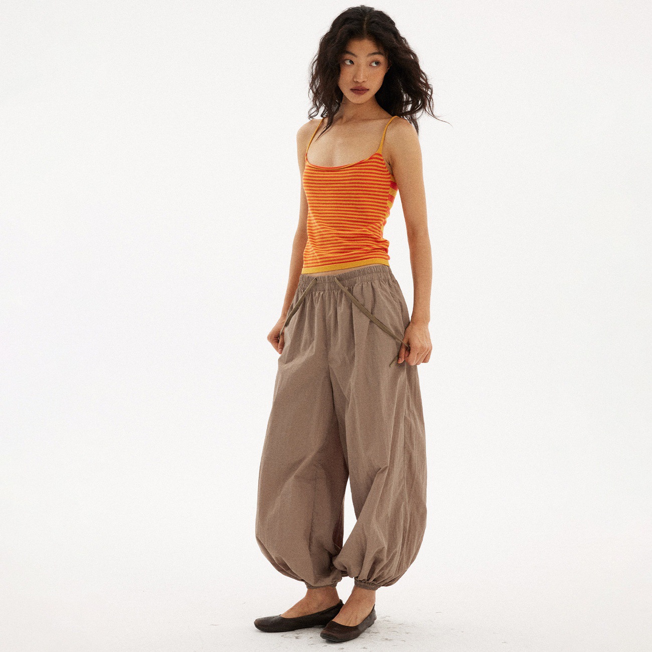 Original Fine-Striped Orange Camisole with Side Breast Coverage, Large Neckline, Stretchy, Slim-Fit, Flattering Short Tank Top, Cool for Summer