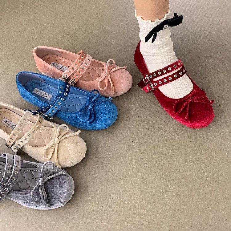 Zapatos de ballet de terciopelo de doble botón, zapatos de mujer, suela suave de noche, 2025 nuevos zapatos de arco francés, Mary Jane.