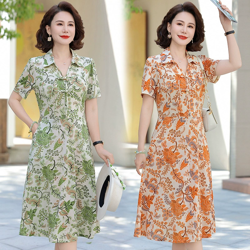 Летнее платье мамы с короткими рукавами, модная и благородная, новая летняя длинная юбка-рубашка с цветочным лацканом для женщин среднего и пожилого возраста.