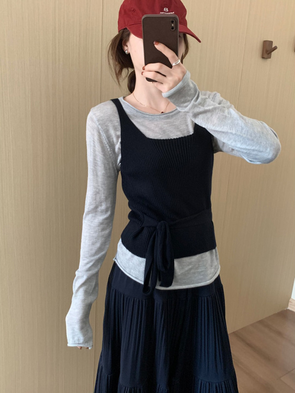 韩系简约绑带吊带背心+长袖T恤针织套装女秋季新款显瘦毛衣两件套|undefined