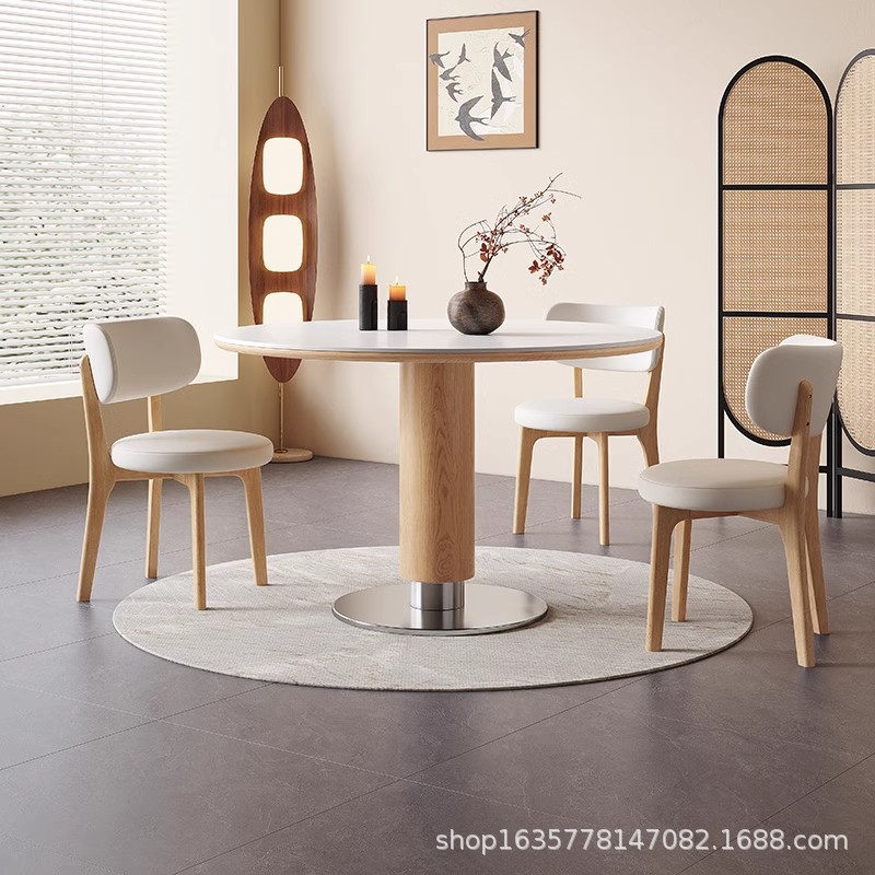Mesa de comedor de tablero de roca de madera maciza retro estilo antiguo, pequeño apartamento francés, mesa de negociación redonda de color nogal de acero inoxidable para el hogar