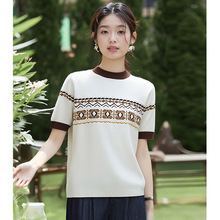 设计感提花绵羊毛山羊绒混彷针织衫女2025年秋季新款圆领短袖上衣
