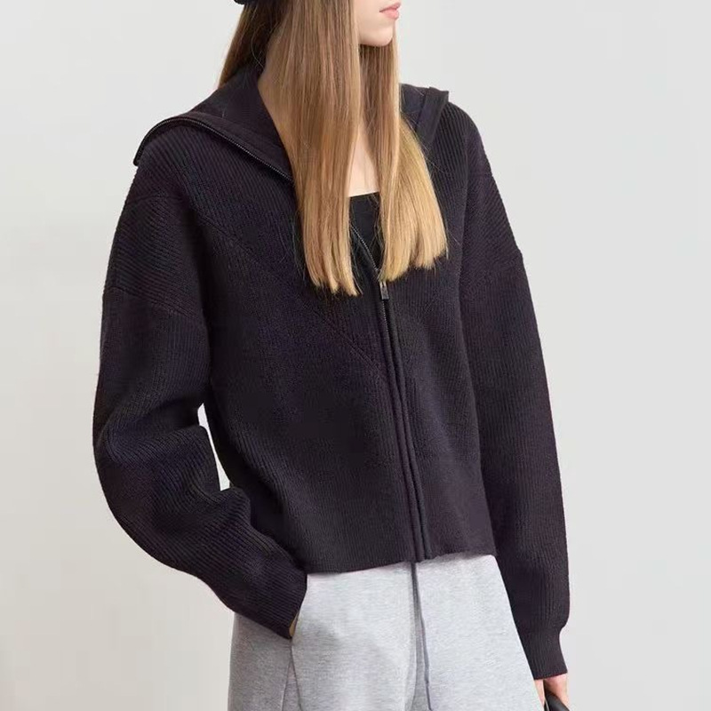 Cross-Border Lazy Style Zipper Navy Collar Knitted Cardigan Women's 2025 Autumn and Winter Soft Waxy Thick Sweater Jacket Short Top