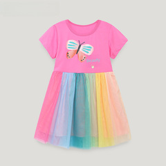 European and American style children's clothing tulle skirt summer girls' fashionable dress cartoon print children's short-sleeved mesh princess dress