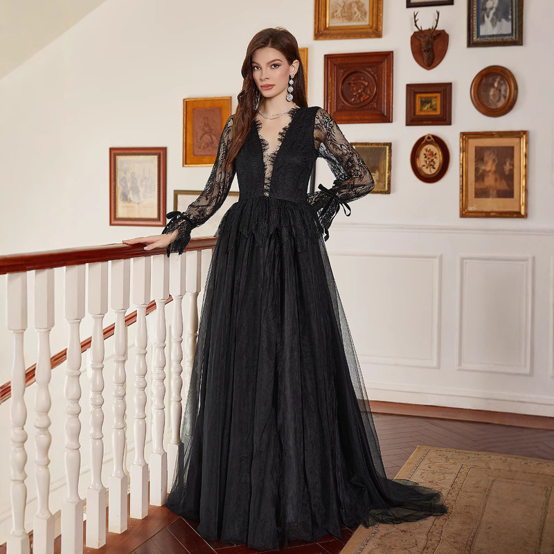 New Long-Sleeved Black Lace Dress Banquet Long Dress Light Luxury 2025 Banquet Black Wedding Dress New Long-Sleeved Black Lace Dress Banquet Long Dress Light Luxury 2025 Banquet Black Wedding Dress